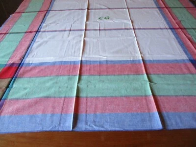 Nappe N°283 en coton carreaux rouge bleu vert 127 x 132 cm monogramme CG - Photo 1/4