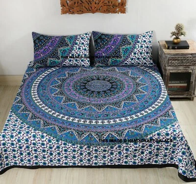 Blue Elephant Mandala Print Bedcover Queen Size Cotton 1PC Bed Sheet 2PC Pillows - Image 1 of 4