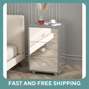 Mirror Bedside Table 3 Drawers Side Table Mirrored Nightstand for Bedroom Living - Picture 1 of 8
