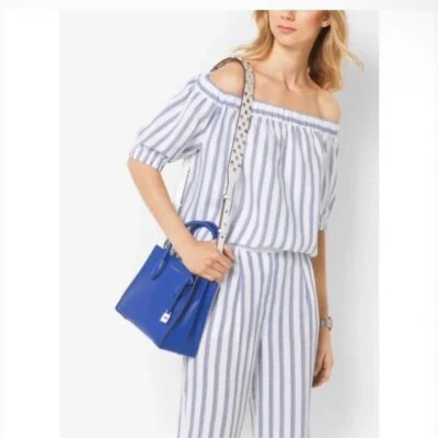 MICHAEL KORS ~ Talla XS ~ Blusa náutica a rayas fuera del hombro 100 % lino a99 Foto 1 de 4