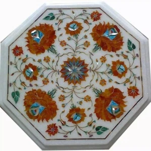 15" Octagon White Marble Inlay Table Italian Design Precious  Stones  Decoretive - Picture 1 of 7