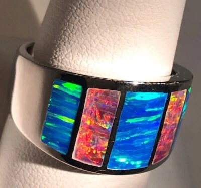 Wide Band Windows Ring Blue Red Opal Sterling Silver MAGIFICENT 8.5 unisex R - Image 1 of 4