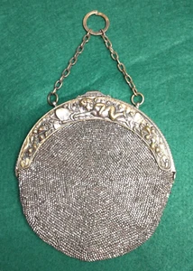 Antique Art Nouveau Cherub & Butterfly Steel Micro Bead Chatelaine Kilt Purse - Picture 1 of 10