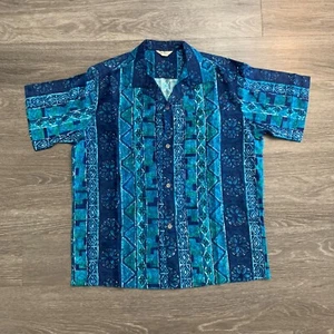 Vintage Reef Loop Collar Blue Tribal Hawaiian Shirt Sz. L - Picture 1 of 9