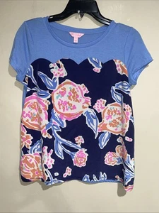 Lilly Pulitzer Blue Orange Dahlia Pompom Silk Front Top Shirt Scalloped Sz Sm - Picture 1 of 7