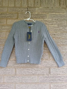 Polo Ralph Lauren Youth Girls Lt Gray Cable Knit Cotton Cardigan Sweater Size 6 - Picture 1 of 3