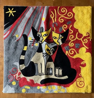 Abstract Crewel Embroidered Cushion Cover Colorful Cubist Style Cats 18x18” Boho - Image 1 of 4