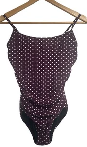 Lands End Eggplant Purple Polka Dot Rushed Front One Piece Swimsuit Size 10 - Picture 1 of 5