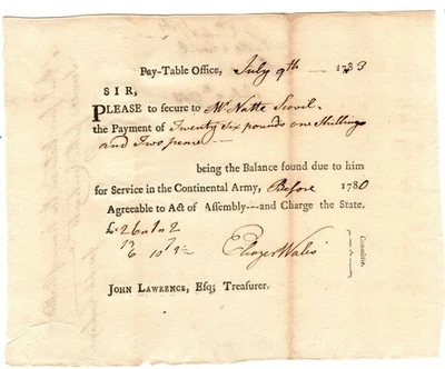 1783, Eleazer Gales, firmado Guerra Revolucionaria orden de pago para Nathaniel Scovil Foto 1 de 2