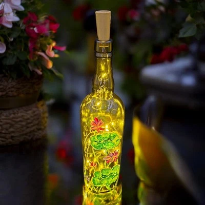 Botella iluminada pintada a mano con flores tropicales firmada Foto 1 de 4