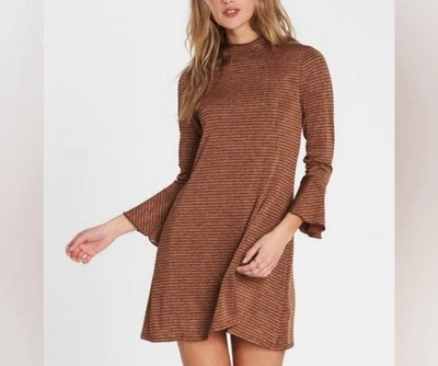 Billabong rust brown with black stripes bell sleeve mini dress size small NWT - Image 1 of 4