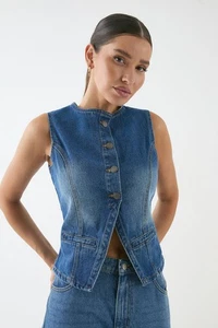 Misspap Mid Wash Denim Top Womens Casual Tops - Picture 1 of 4