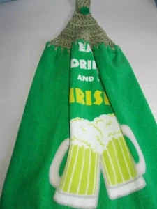 SAGEGREEN Crocheted Top ST PATRICK EATDRINK BE MERRY Print Cotton Kitchen Towel - Picture 1 of 2