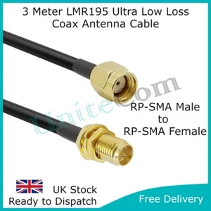 Ultra Low Loss RP-SMA Female Male 3 Meter Wi-Fi Antenna Extension Cable 2.4/5GHz - Picture 1 of 3
