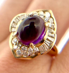 14k Gold Amethyst Cabochon Ballerina Cocktail Ring Natural Diamonds Accents - Picture 1 of 18