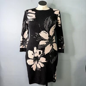 Calvin Klein Floral Print 3/4 Length Sleeve Knit Sweater Dress in Gray Women's L - Picture 1 of 12