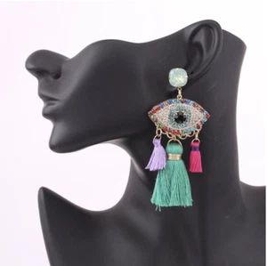 Large Green Evil Eye Hamsa Tassel Crystal Dangle Boho Gypsy Earrings - Picture 1 of 1