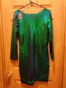 Green Dress LG Sequin Short Mini Shift Sparkle Cocktail Party Club Disco Rave - Picture 1 of 6