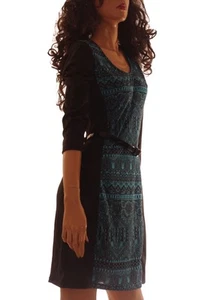 Womens 3/4 Sleeve with Belt Teal Black Dress Stretch Spandex Sm Medium Large NEW - Picture 1 of 1