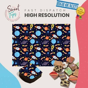 Schokoladen Transferbogen (Weltraum, Raketen, Planet) essbar für Deko DIN A4 - Bild 1 von 4