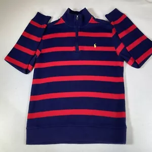 POLO RALPH LAUREN Boys Sz L (14-16) Cotton 1/4 Zip-Up Sweater Navy w Red Stripes - Picture 1 of 8