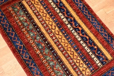 2x3 ft Red Turkish Shawl Striped Hand Knotted Wool Tribal Area Rug - Image 1 of 4