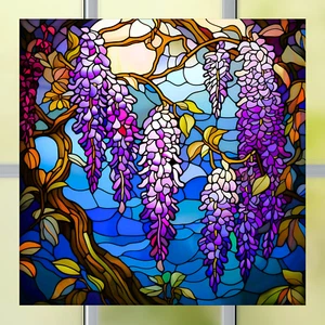 Wisteria Flowers Faux Stained-Glass WINDOW CLING Sun-catcher Size 8" Vinyl - Picture 1 of 2