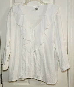 Susan Bristol Blanco Mezcla de Lino Gasa Cuello Mangas 3/4 Pintuck Frontal 2X - Imagen 1 de 5