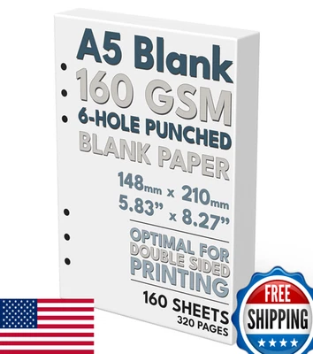 A5 чистая бумага, 160 GSM, 6-отверстие, белый, 160 листов/320 страниц, 148 x 210 мм - Изображение 1 из 4