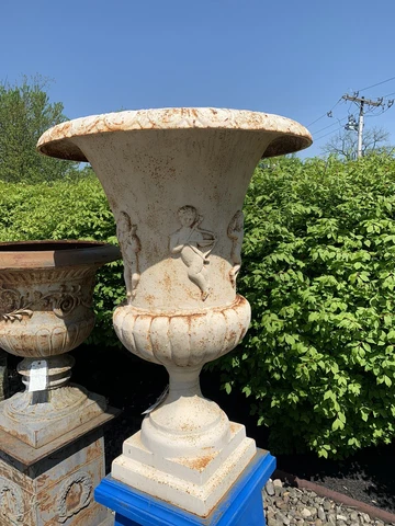 Antique French cast iron urns with cherubs 40” tall PAIR Cover