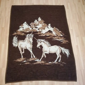 Biederlack Style Mystical Unicorn Reversible Blanket 54"x72" Vtg Brown Beige - Picture 1 of 9