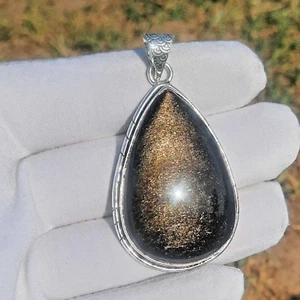 Gold Sheen Obssidian Gemstone 925 Sterling Silver Pendant Jewelry 2.5" - Picture 1 of 8