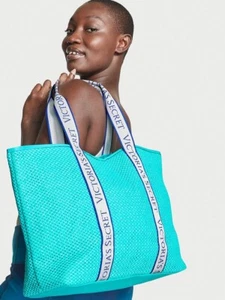 Victoria’s Secret Bombshell Isle Crochet Straw Tote Bag Aqua Blue NWT! - Picture 1 of 3
