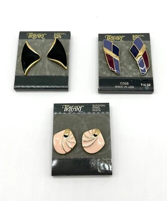 Lote de 3 Pendientes Trifari Vintage Tono Dorado Esmalte Multicolor Pierced Foto 1 de 4