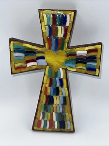 Vintage Stained Glass Art Wood Cross Handmade Signed Enid Garcia Aguada PR - Picture 1 of 7