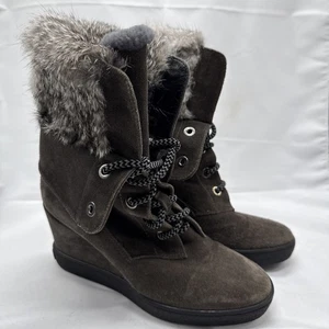 Aquatalia "Cordelia" Women's Size 8.5 Brown Suede & Fur Front Laces Wedge Boots - Picture 1 of 9
