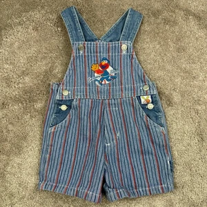 Vtg Sesame Street Elmo Baseball Denim Short Overalls Baby 12 Months Snap Button - Picture 1 of 4