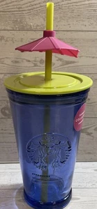 STARBUCKS Hawaii Exclusive Limited Edition Blue Glass Tumbler Cup Umbrella NNB - Picture 1 of 4