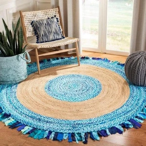 Rug Natural Jute cotton Braided Round  Carpet Farmhouse Jute Eco Friendly Rug - Picture 1 of 6
