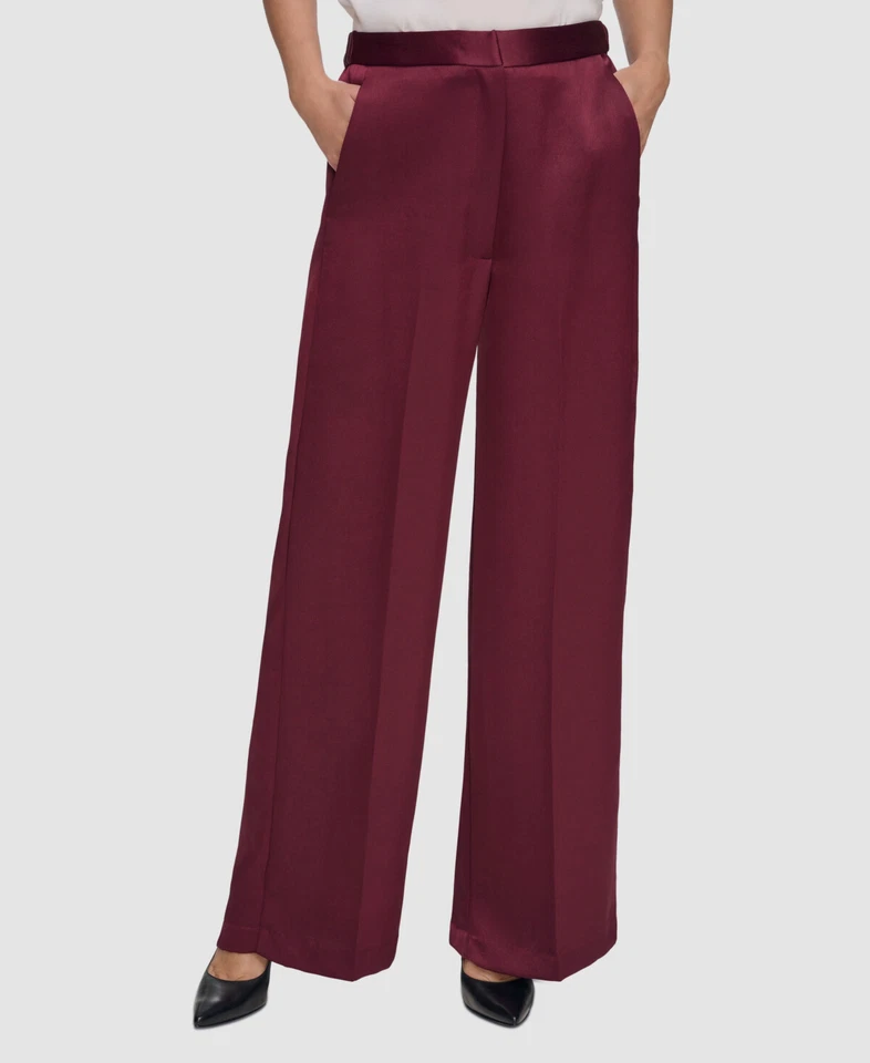 Pantalones de vestir para mujer DKNY rojos satinados tiro medio pierna ancha talla 14 Foto 1 de 1