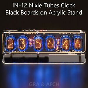 IN-12 NIXIE TUBE CLOCK ON ACRYLIC STAND WITH SOCKETS 12/24H [BLACK GOLD BOARDS]