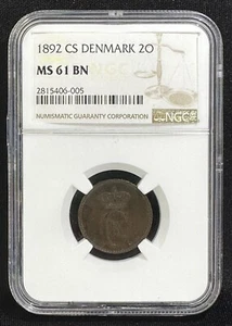 DENMARK, Christian IX, 1892 CS 2 Ore (2O) NGC MS61 BN Low Mintage Key Date - Picture 1 of 7