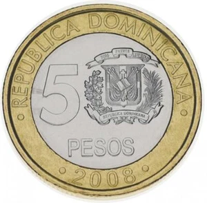 Dominican Republic 5 pesos 2008 Bimetal UNC - Picture 1 of 2