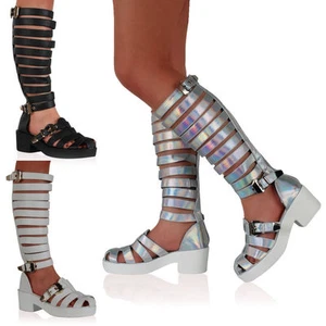 NEU GLADIATOR DAMEN RIEMCHEN GROBER ABSATZ HOHES BEIN STIEFEL SANDALEN SCHUHE GRÖSSE 3- - Bild 1 von 19