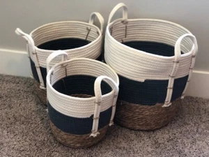 Set of 3 Cotton Rope Basket with Handles Woven Storage Laundry Planter Large - Picture 1 of 8