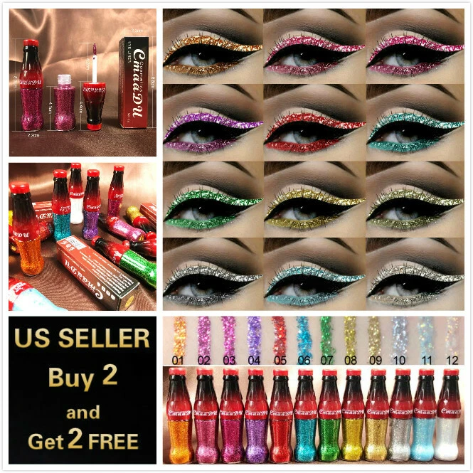 12 Colors GLITTER Waterproof Eyeshadow Liquid Eyeliner Makeup Shimmer Metallic - Image 1 of 4