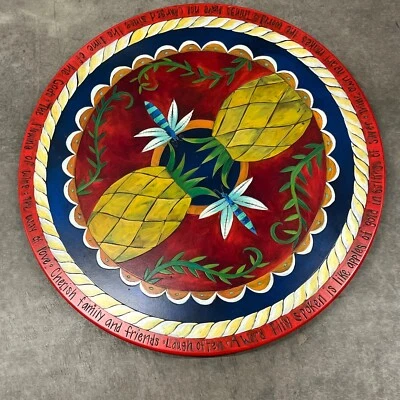 STICKS 28" Hand Made Hand Painted Wood Lazy Susan Pineapple Dragonfly - Image 1 of 4