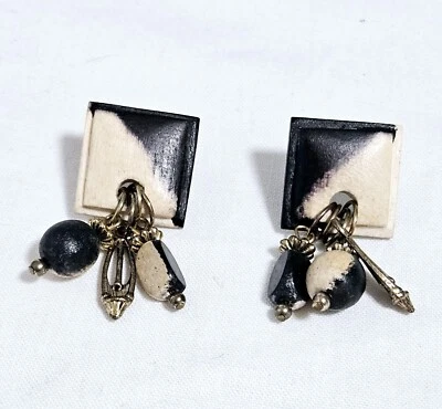 Wood And Gold Tone Dangle Earrings Black & Brown J11-3105 - Image 1 of 4