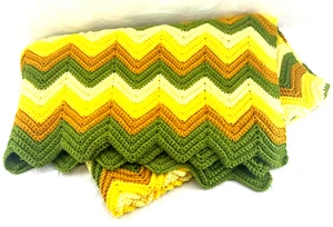 Yarn Knit Yellow/Green/Brown Zig-Zag Herringbone Afghan Throw Blanket 55" x 64" - Picture 1 of 5