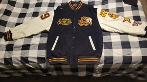 Vintage Akademiks Varsity Jacket, sz Large, navy/white/maroon & yellow - Picture 1 of 4